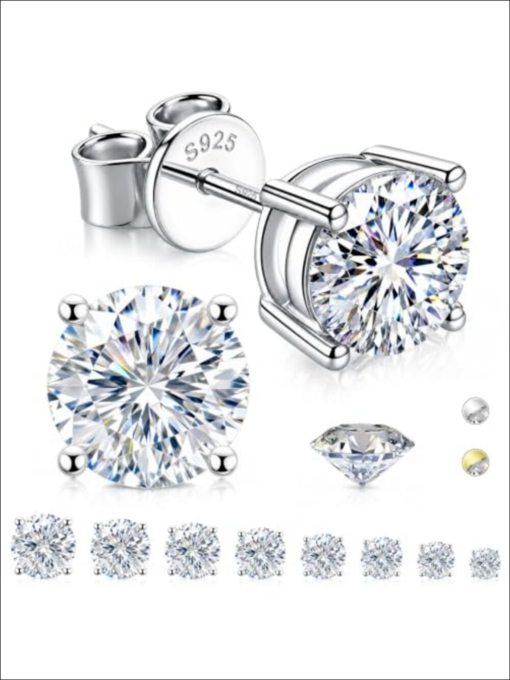Moissanite Stud Earrings 18K Gold Plated 925 Sterling Silver 4-Prong Push Back